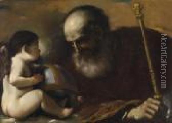 God The Father With A Winged Angel Supporting A Globe Oil Painting - Guercino