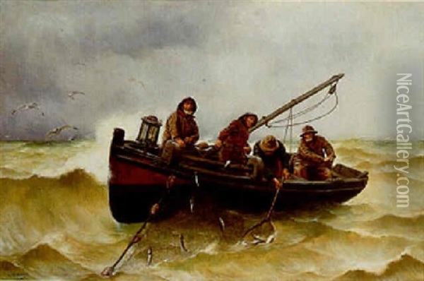 Pulling In The Catch Oil Painting - Georges Jean Marie Haquette