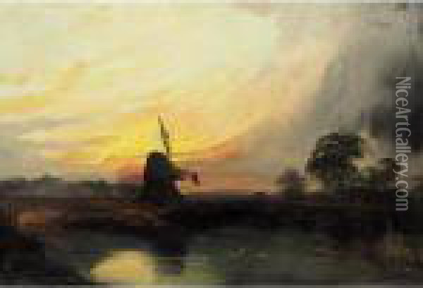 Windmill At Sunset Oil Painting - Henry Bright