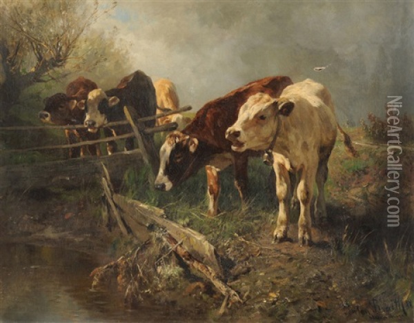 Rinder An Der Tranke Bei Aufkommendem Regen Oil Painting - Anton Braith