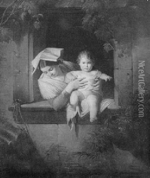 Mother And Child At The Window Oil Painting - Giuseppe Mazzolini