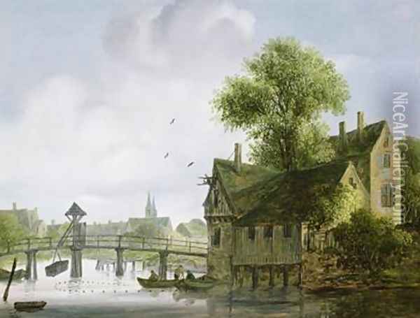 A Town on a river with a bridge Oil Painting - Wouter Kniff