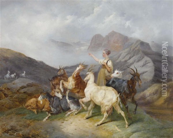 Berglandschaft Mit Hirtin Und Ziegen Oil Painting - Joseph Simon Volmar