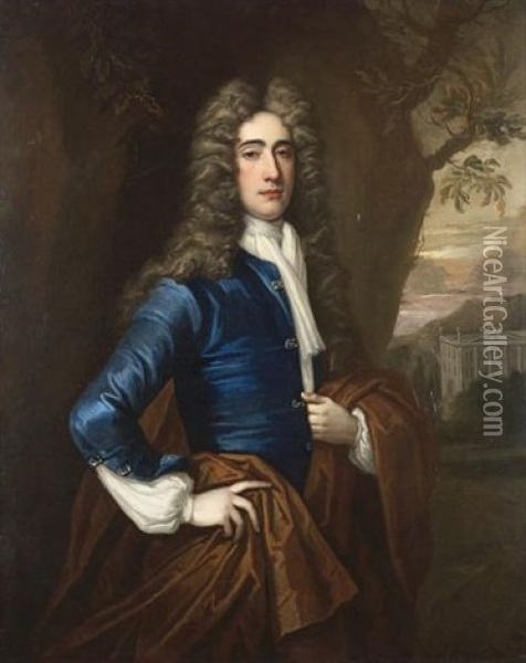 Portrait Of A Gentleman, Standing Three-quarter-length, In A Blue Coat And Gold Wrap, A Wooded Landscape And Country House Beyond Oil Painting - Michael Dahl
