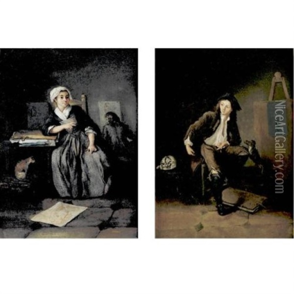 Two Young Artists In Their Studio (+ Another, Similar; Pair) Oil Painting - Charles Francois Hutin