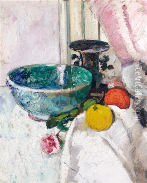 Still Life With A Green Bowl Oil Painting - George Leslie Hunter