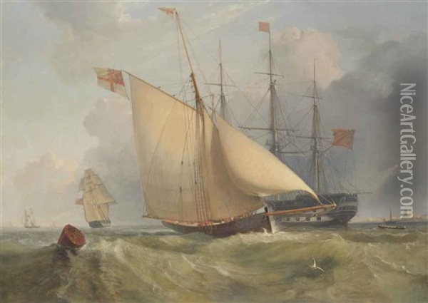 A Royal Navy Three-decker Lying In The Anchorage At Spithead With A Cutter Yacht Heading Into Portsmouth Off To Port Oil Painting - Charles Henry Seaforth