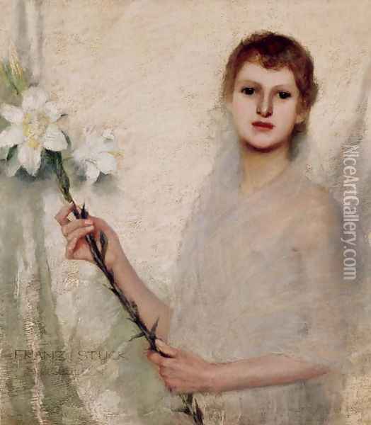 Young Girl with a Flower Oil Painting - Franz von Stuck