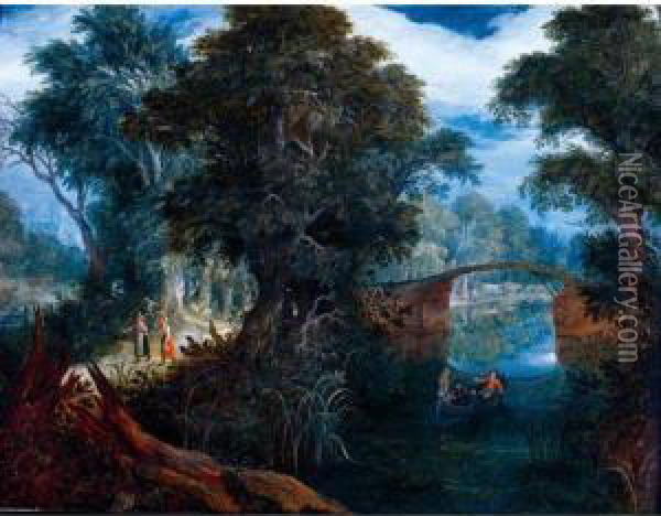 A Wooded River Landscape With Travellers Passing By A Bridge Oil Painting - Abraham Govaerts