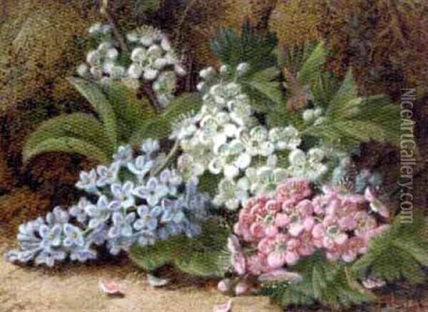 Still Life Of Apple Blossom And Lilac On A Mossy Bank Oil Painting - Oliver Clare