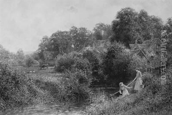 Young Girls Collecting Water From A Stream, Near Haslemere,surrey Oil Painting - Charles Gregory