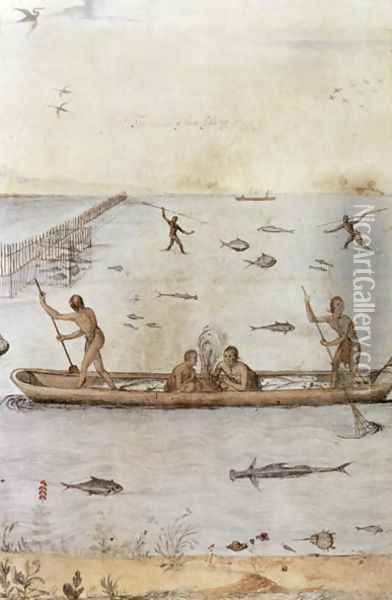 Indians Fishing Oil Painting - John White