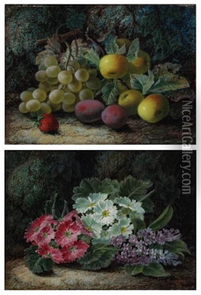 Primroses And Lilac (+ Grapes, Apples, Plums And A Strawberry; Pair) Oil Painting - Oliver Clare