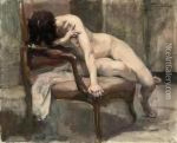 A Seated Nude Oil Painting - Jean-Leon Gouweloos