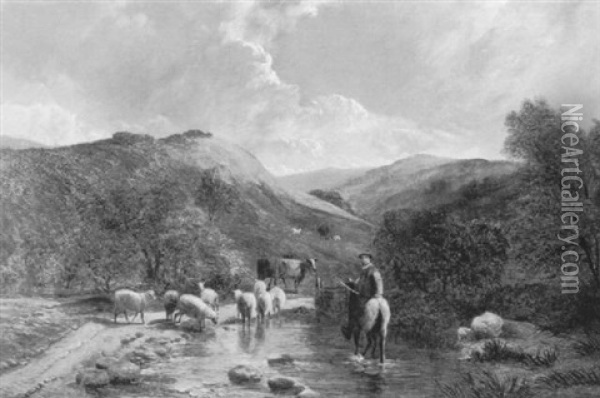Sheep And Cattle With Their Herder Resting At A Stream, Capel Curig, North Wales Oil Painting - Sidney Richard Percy