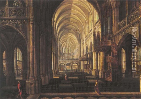 Figures In A Gothic Church Interior Oil Painting - Hans Vredeman (Jan) de Vries