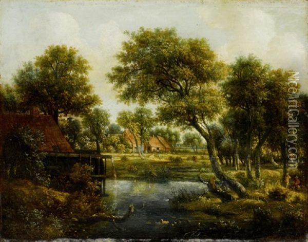 Baumreiche Landschaft Mit Wassermuhle Oil Painting - Meindert Hobbema