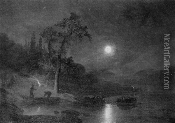 Fishermen In A Nocturnal Landscape Oil Painting - Felix Kreutzer