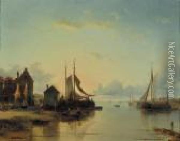 View Of A Small Fishing-port At Dusk Oil Painting - Jacques Carabain