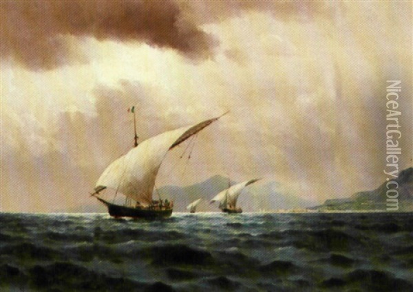 Skibe I Messinastraedet I Baggrunden Etna Oil Painting - Holger Luebbers