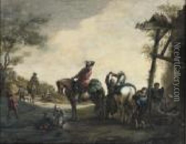 Horsemen Outside A Blacksmith's With Chlidren Playing Nearby Oil Painting - Pieter Wouwermans or Wouwerman