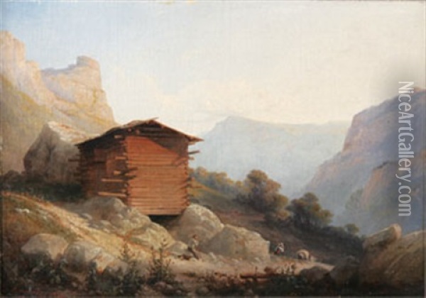 Vilande Vandrare I Alplandskap Oil Painting - Hippolyte Leymarie