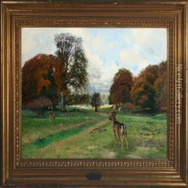 Scenery With Two Deers At Fall In Dyrehaven Oil Painting - Thorvald Simeon Niss