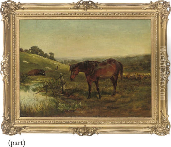 A Horse Watering, Keynsham, Bath Oil Painting - William Hopkins Craft