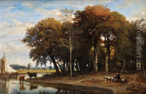 Bergere Et Son Troupeau Oil Painting - Felix-Hippolyte Lanoue