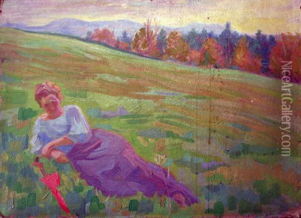 Femme A L'ombrelle Rouge Allongee Dans Les Pres Oil Painting - Raphael-Leon Leguilloux