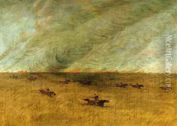 Fire in a Missouri Meadow and a Party of Sioux Indians Escaping from It, Upper Missouri Oil Painting - George Catlin