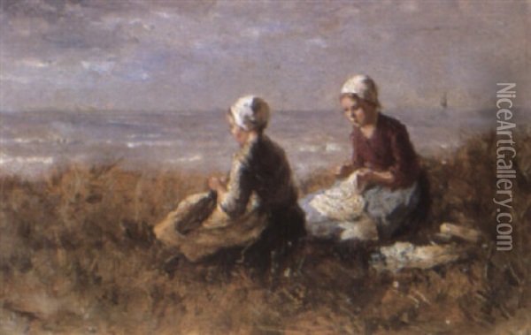 Fishergirls Sewing On A Clifftop Oil Painting - Bernard de Hoog