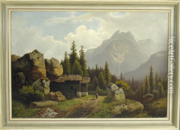 Blick Von Einer Belebten Gebirgsdorfszenerie Auf Den Gegenuberliegenden Watzmann Oil Painting - Theodor (Wilhelm T.) Nocken