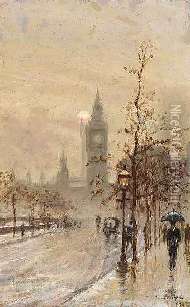 Figures walking in the rain on the Embankment with the Houses of Parliament beyond Oil Painting - English School