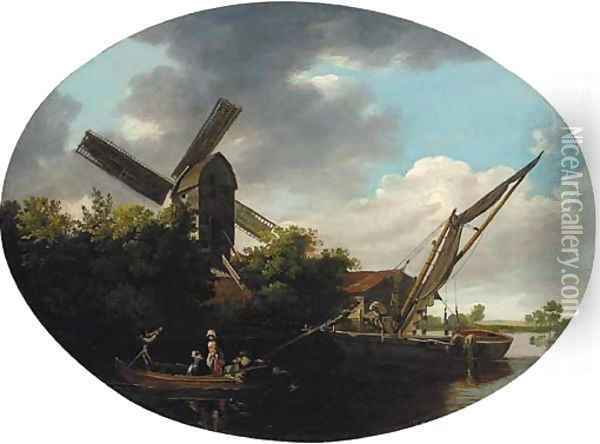 A river landscape, with a windmill and figures in a boat in the foreground Oil Painting - English School