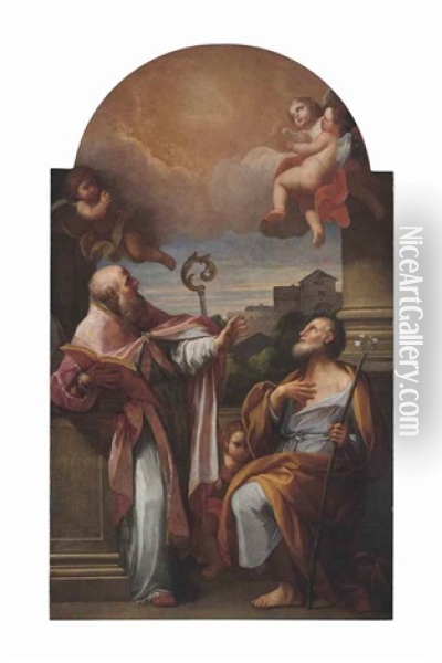 Saint Aldebrando Of Fossembrone And Saint Joseph Oil Painting - Placido Costanzi