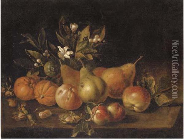 Pears, Apples, Oranges And Nuts On A Ledge Oil Painting - Luca Forte