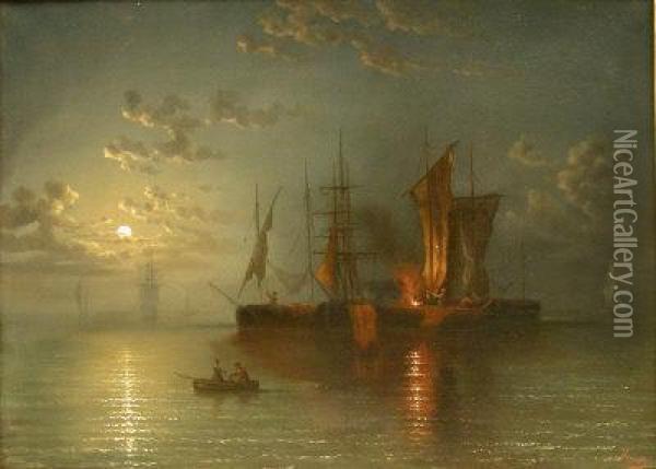 Boats Becalmed By Moonlight Oil Painting - Wilhelm Frey