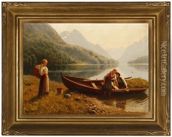 Jealousy And Love, Figures Frolicking By Lakeshore Oil Painting - Hans Dahl