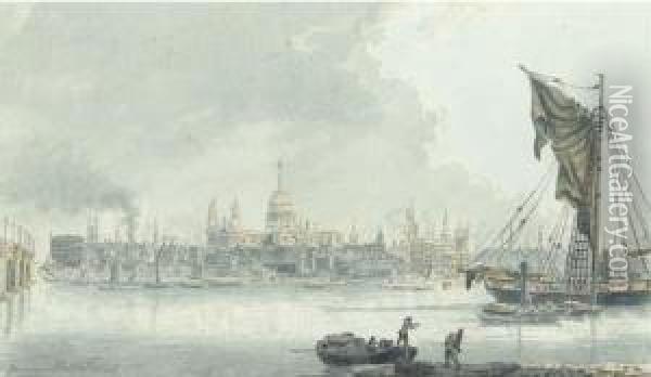 View Of The Thames With St Paul's In The Distance, London Oil Painting - James Miller