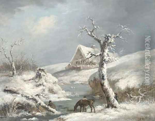 Figures by a frozen stream Oil Painting - George Morland