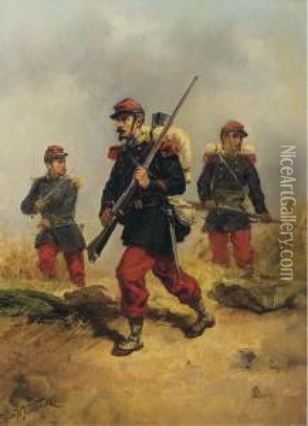 French Infanterists On Reconnaissance Oil Painting - Hermanus Willem Koekkoek