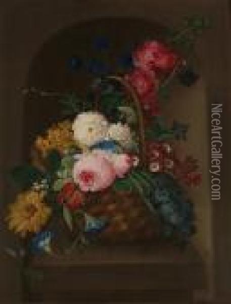 Roses, Morning Glory, Narcissus, Poppies And Other Flowers In A Basket In A Stone Niche Oil Painting - Franz Xaver Petter