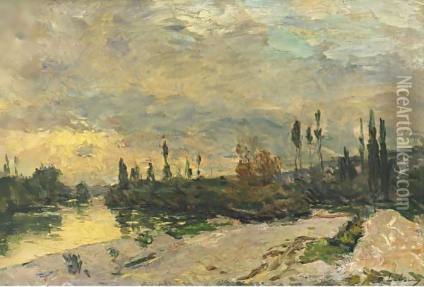 Coucher De Soleil Sur La Seine, Pres De Vetheuil Oil Painting - Albert Lebourg