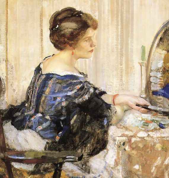 Woman in Blue Seated at a Dressing Table Oil Painting - Richard Emil Miller