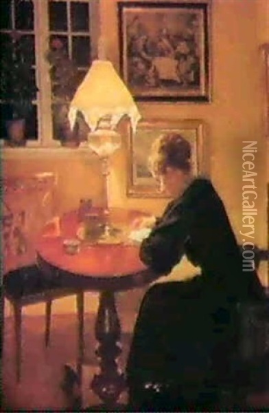 Reading By Lamplight. Oil Painting - Niels Holsoe