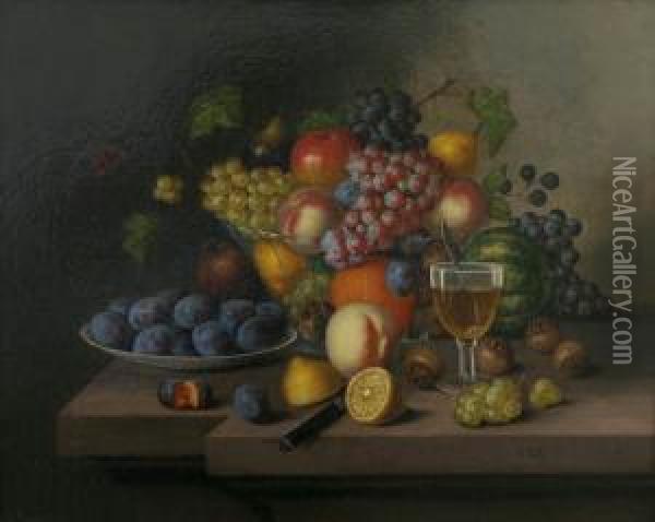 Still-life With Fruit And A Glass Oil Painting - Georg Seitz