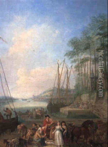 River Landscape With Elegant Figures On A Quayside Oil Painting - Jan Anton Garemyn