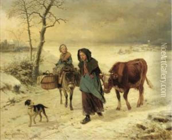 Farmgirls On A Path In Winter Oil Painting - Louis Simon Lassalle