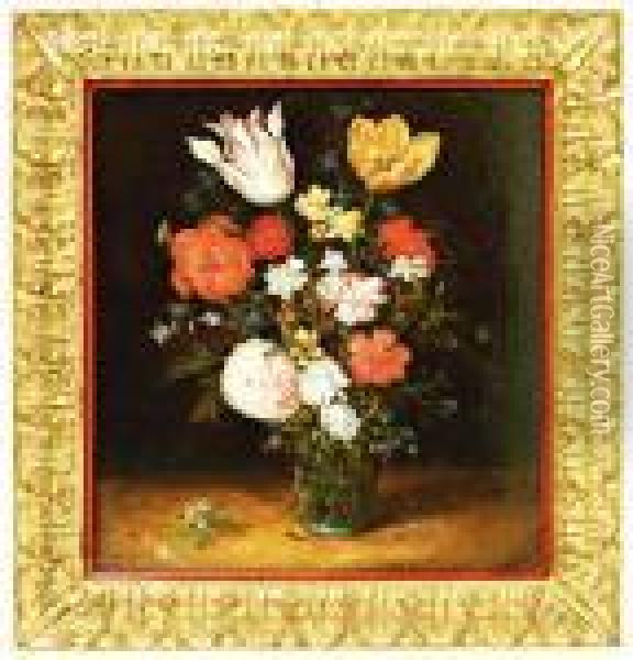 Rozen, Tulpen En Andere Bloemen In Een Roemer Oil Painting - Jan Brueghel the Younger